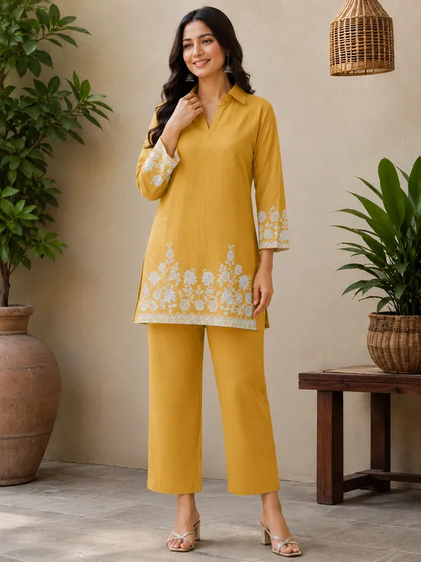 Yellow_Cotton_Jacquard_Co-Ord_Set_for_Women_|_Premium_Short_Kurti_with_Pant