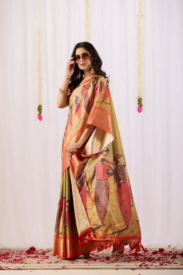 Silk_Saree_with_Elegant_Tribal_Art_Print_&_Rich_Zari_Border