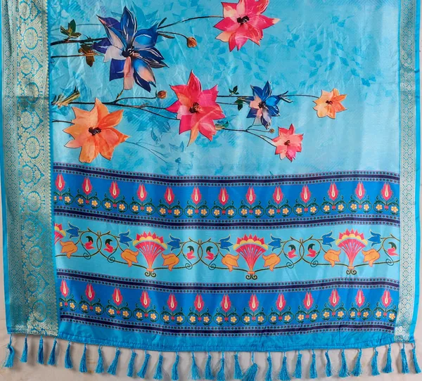 Sky_Blue_Lotus_Digital_Print_Soft_Lichi_Silk_Saree_with_Golden_Zari_Border_&_Contrast_Blouse