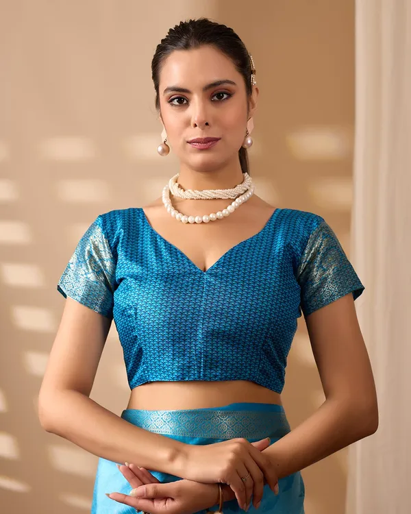 Sky_Blue_Lotus_Digital_Print_Soft_Lichi_Silk_Saree_with_Golden_Zari_Border_&_Contrast_Blouse