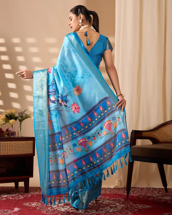 Sky_Blue_Lotus_Digital_Print_Soft_Lichi_Silk_Saree_with_Golden_Zari_Border_&_Contrast_Blouse