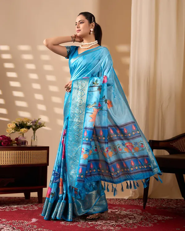 Sky_Blue_Lotus_Digital_Print_Soft_Lichi_Silk_Saree_with_Golden_Zari_Border_&_Contrast_Blouse