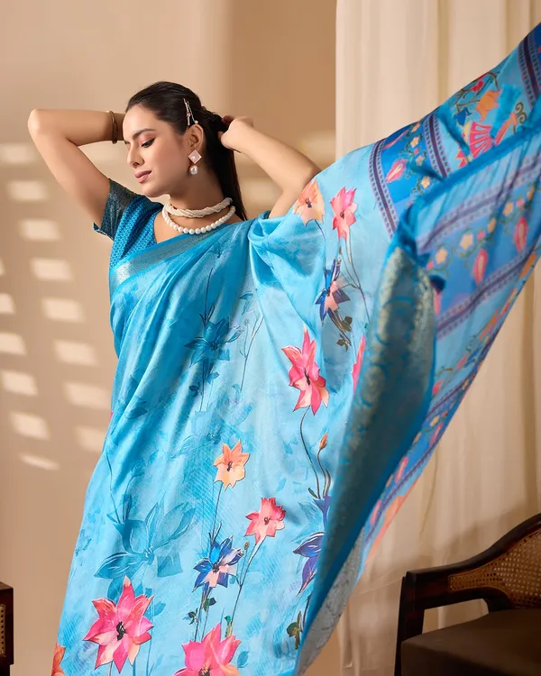 Sky_Blue_Lotus_Digital_Print_Soft_Lichi_Silk_Saree_with_Golden_Zari_Border_&_Contrast_Blouse