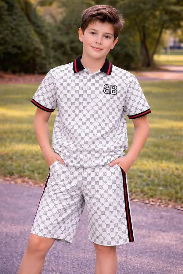 Boys_Matching_Polo_T-Shirt_And_Shorts_Set_-_White_Designer_Print_With_Bb_Logo