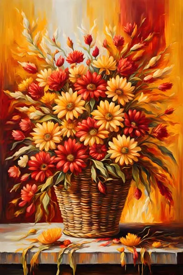 Vibrant_Floral_Basket_Oil_Painting_Red_And_Yellow_Sunflowers_In_Wicker_Basket