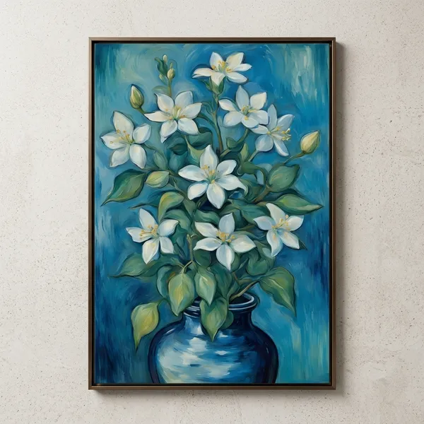 White_Jasmine_Flowers_In_Blue_Vase_Canvas_Wall_Painting