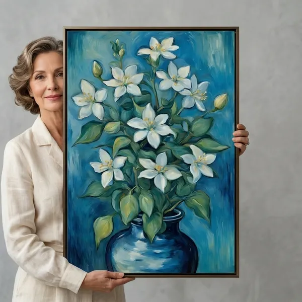 White_Jasmine_Flowers_In_Blue_Vase_Canvas_Wall_Painting