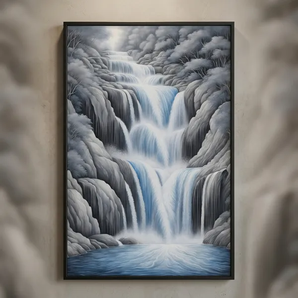 Monochrome_Waterfall_Landscape_Art_Print_Serene_Winter_Mountain_Scene