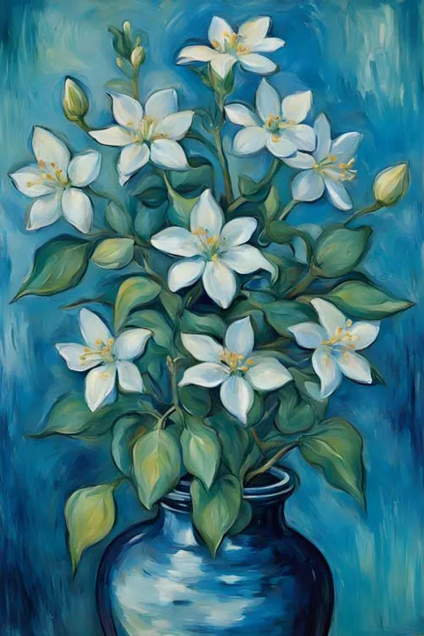 White_Jasmine_Flowers_In_Blue_Vase_Canvas_Wall_Painting