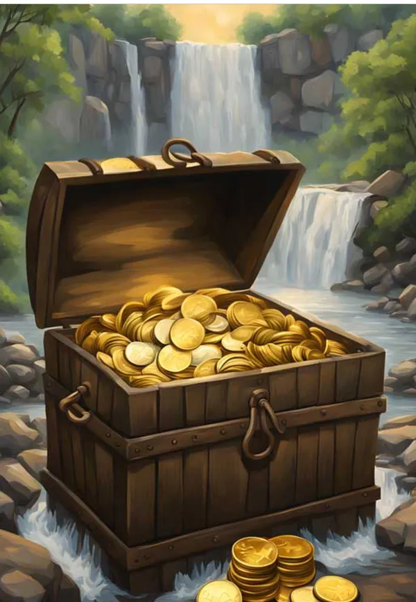 Decorative_Treasure_Chest_With_Gold_Coins_Waterfall_Landscape_Art