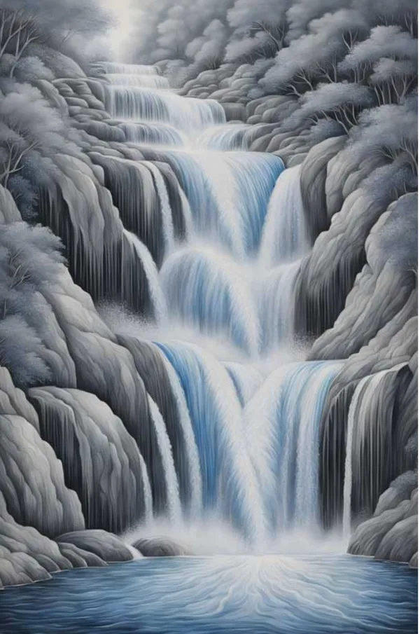 Monochrome_Waterfall_Landscape_Art_Print_Serene_Winter_Mountain_Scene