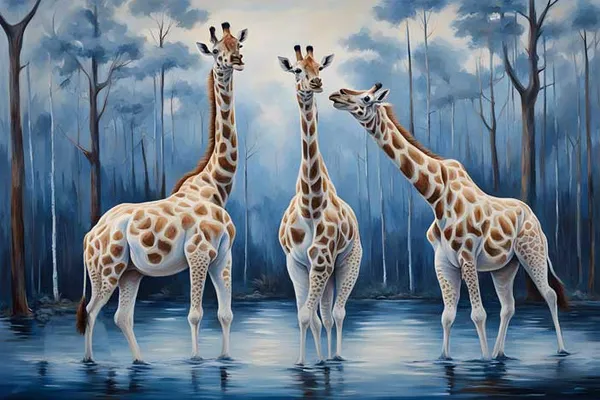 Three_Giraffes_Blue_Forest_Canvas_Wall_Art_Painting