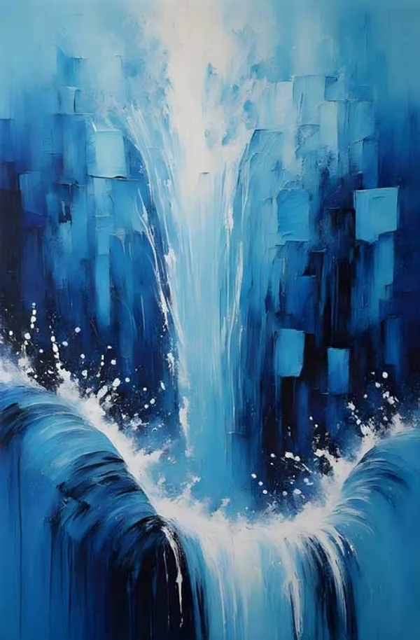 Abstract_Blue_Waterfall_Canvas_Painting_With_Geometric_Architecture