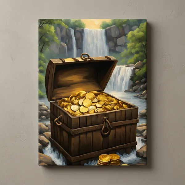Decorative_Treasure_Chest_With_Gold_Coins_Waterfall_Landscape_Art