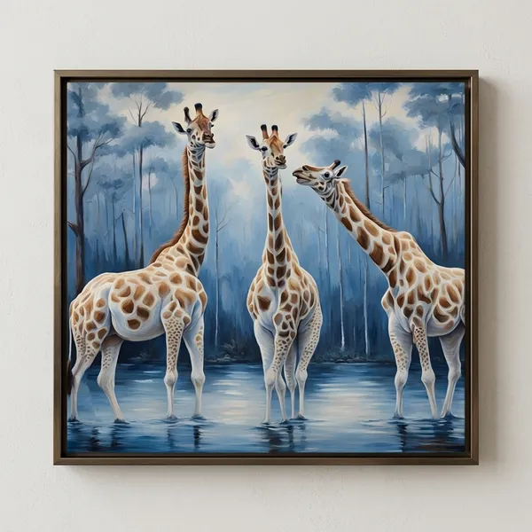 Three_Giraffes_Blue_Forest_Canvas_Wall_Art_Painting