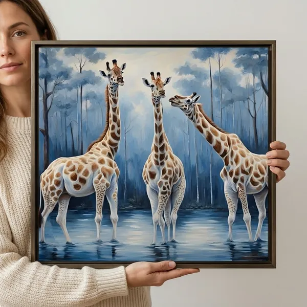 Three_Giraffes_Blue_Forest_Canvas_Wall_Art_Painting
