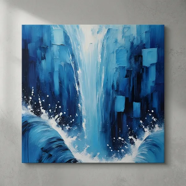 Abstract_Blue_Waterfall_Canvas_Painting_With_Geometric_Architecture