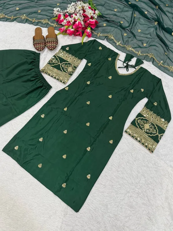 Dark_Green_Crepe_Silk_Sequin_Pant_Set_For_Women