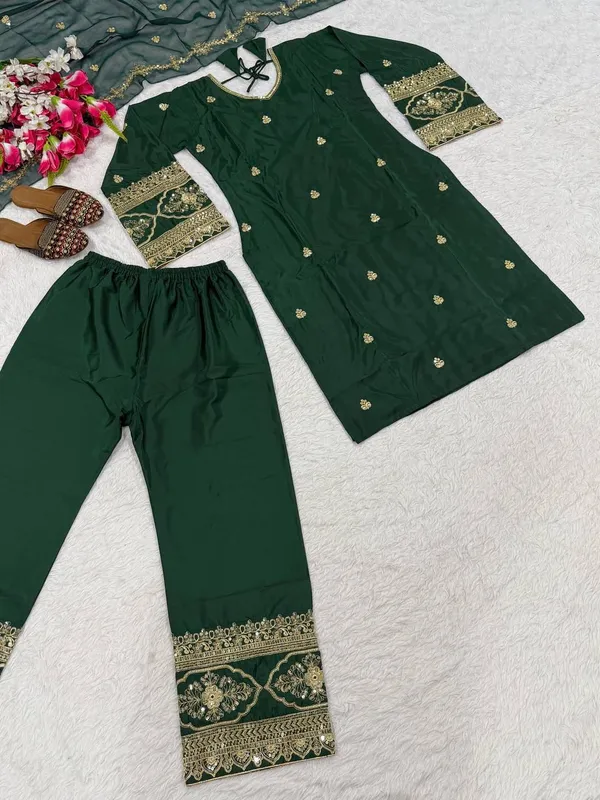 Dark_Green_Crepe_Silk_Sequin_Pant_Set_For_Women