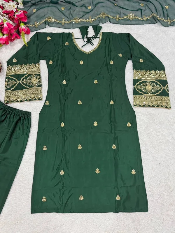 Dark_Green_Crepe_Silk_Sequin_Pant_Set_For_Women