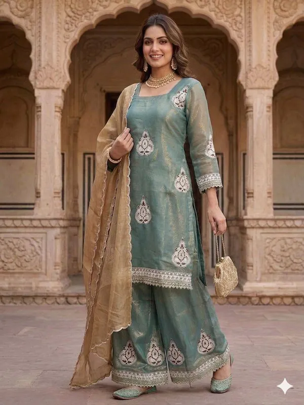 Dark_Green_Fendi_Silk_Sequin_Palazzo_Set_For_Women