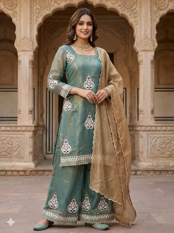 Dark_Green_Fendi_Silk_Sequin_Palazzo_Set_For_Women