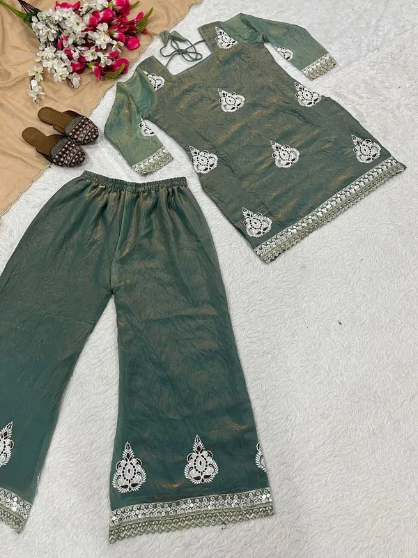 Dark_Green_Fendi_Silk_Sequin_Palazzo_Set_For_Women