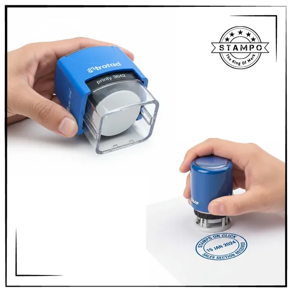 Printy_3642_Round_Self-Inking_Stamp_|_Custom_Seal_Design_|_Blue_Ink_|_Refillable_|_Professional_Office_Stamp
