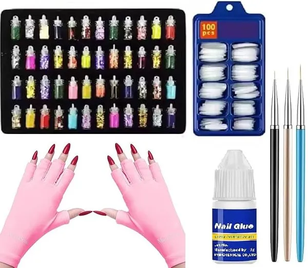 Skinplus_Nail_Art_Kit_48_Pcs_Glass_Bottles_Glitter_Stones_3_Pcs_Nail_Art_Liner_Brushes_Uv_Nail_Gloves_Pink_100_Nails_With_Glue