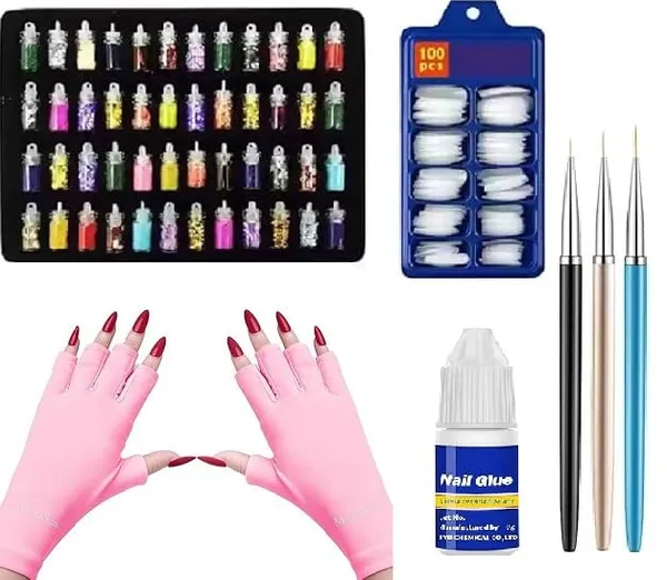 Skinplus_Nail_Art_Kit_48_Pcs_Glass_Bottles_Glitter_Stones_3_Pcs_Nail_Art_Liner_Brushes_Uv_Nail_Gloves_Pink_100_Nails_With_Glue