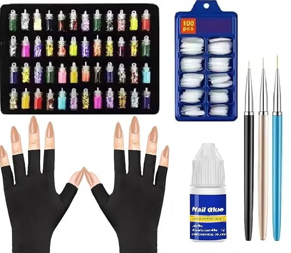 Skinplus_Nail_Art_Kit_48_Pcs_Glass_Bottles_Glitter_Stones_3_Pcs_Nail_Art_Liner_Brushes_Uv_Nail_Gloves_Black_100_Nails_With_Glue