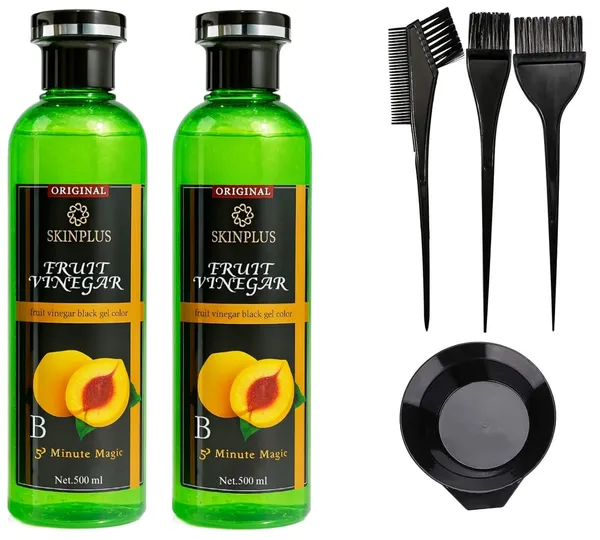 Skinplus_Peach_Fruit_Vinegar_Black_Hair_Color_1000Ml_Gel_With_Mixing_Bowl_And_Dye_Brush
