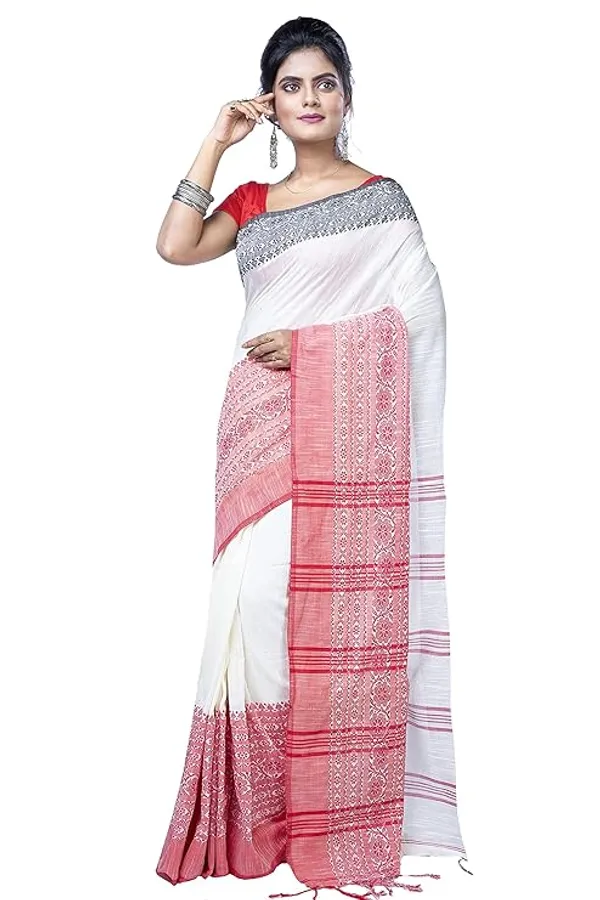 White_Cotton_Handloom_Saree_With_Pink_Border_For_Women