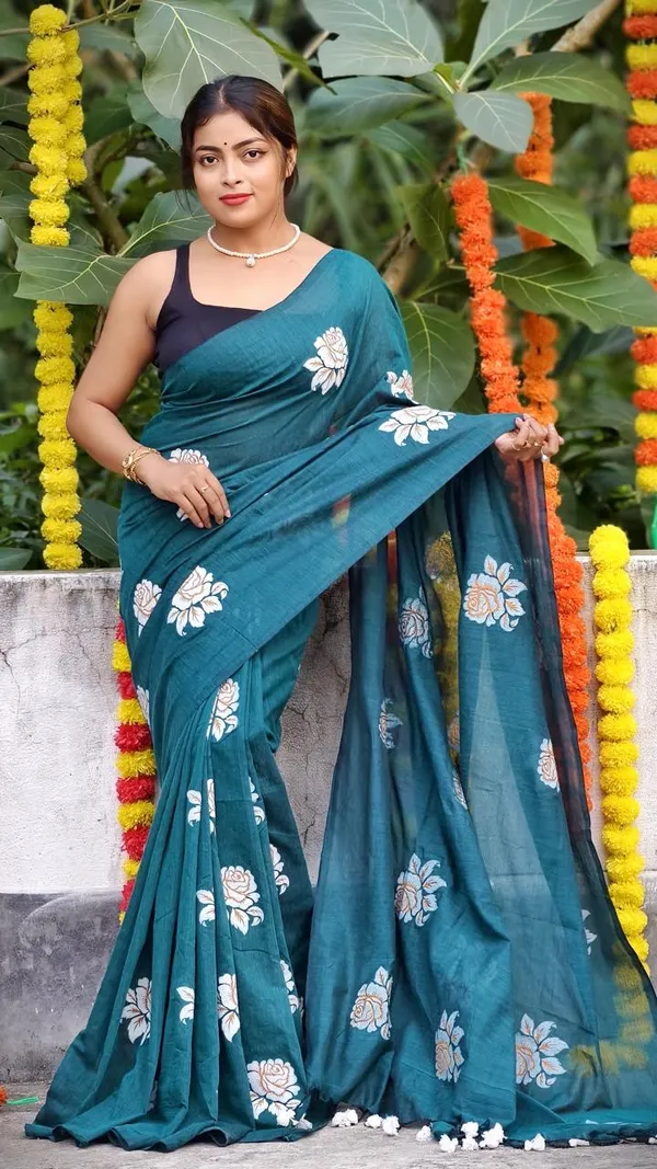 Teal_Blue_Floral_Embroidered_Saree_for_Women