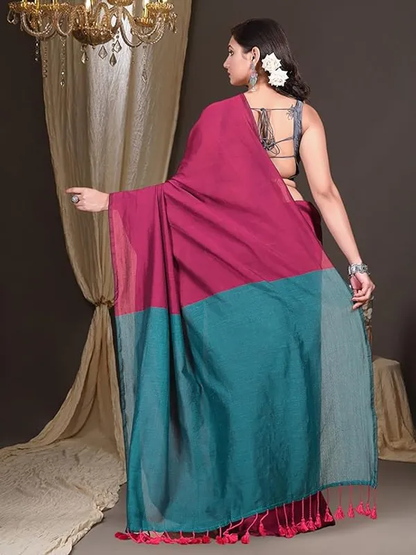 Pink_And_Teal_Silk_Blend_Saree_With_Contrast_Border