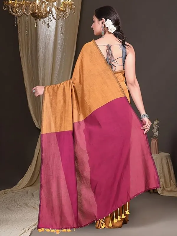 Mustard_Yellow_Cotton_Silk_Saree_With_Pink_Border_For_Women