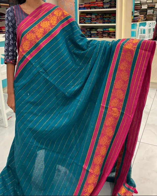 Teal_Blue_Cotton_Silk_Saree_With_Pink_Brocade_Border