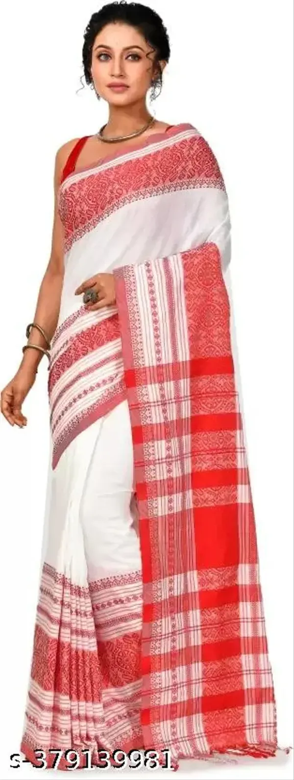 White_Red_Khadi_Cotton_Dabi_Boran_Saree_For_Women