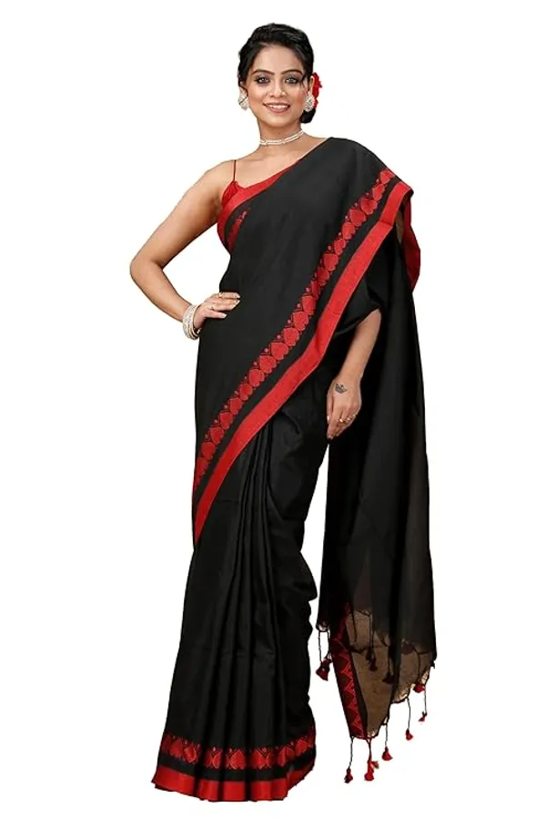 Black_Cotton_Saree_With_Red_Border_For_Women