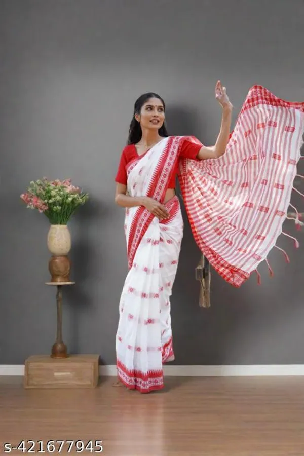 White_Khadi_Cotton_Printed_Border_Handloom_Saree_For_Women