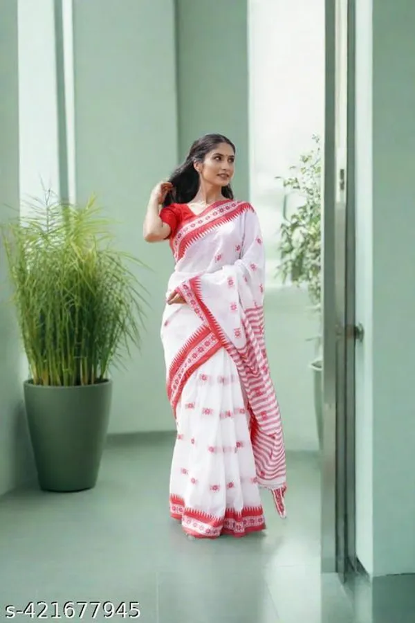 White_Khadi_Cotton_Printed_Border_Handloom_Saree_For_Women