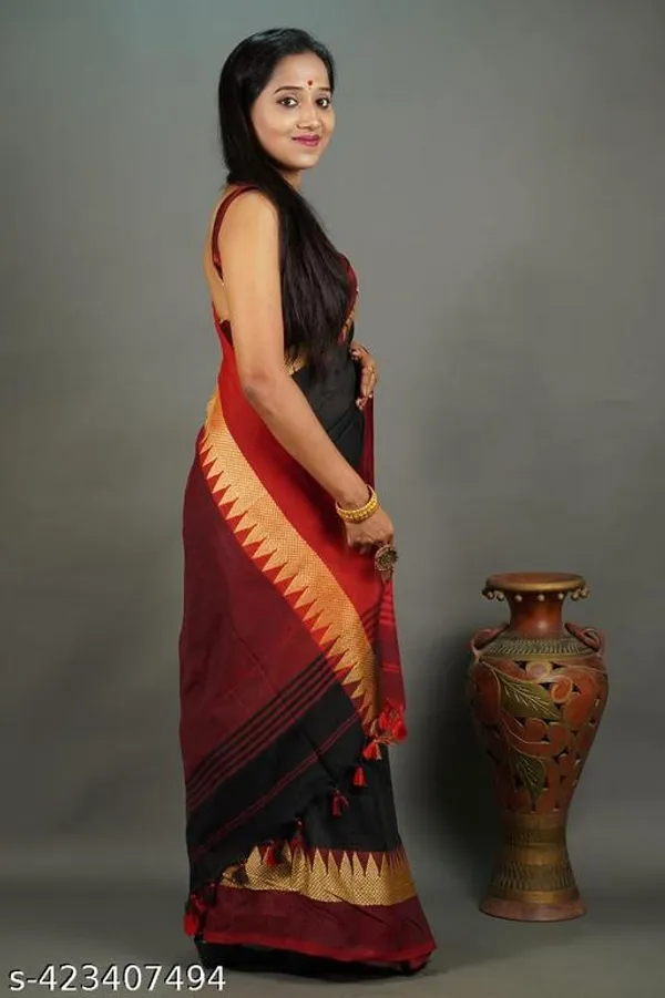 Black_Khadi_Cotton_Temple_Border_Handloom_Saree_For_Women