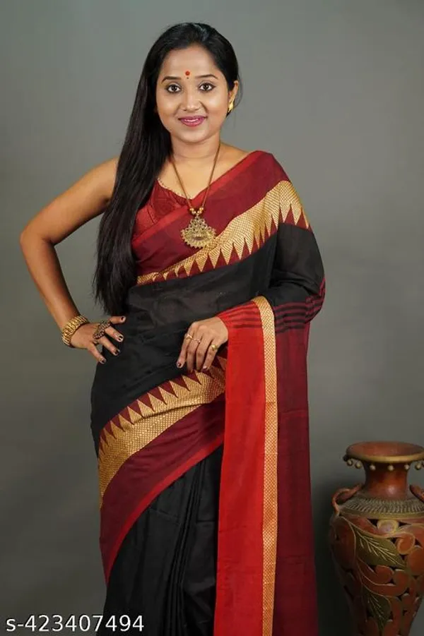 Black_Khadi_Cotton_Temple_Border_Handloom_Saree_For_Women