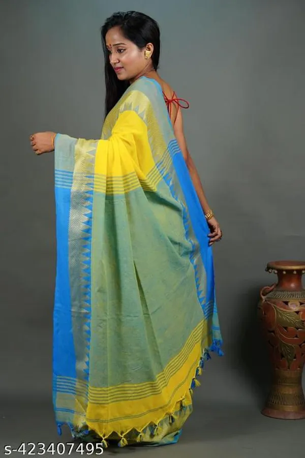 Yellow_Blue_Khadi_Cotton_Temple_Border_Handloom_Saree_For_Women