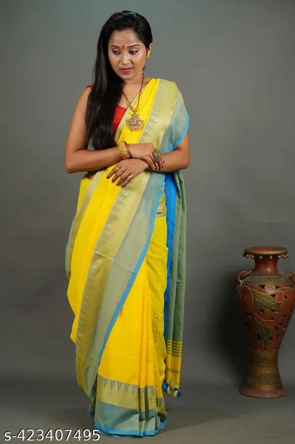 Yellow_Blue_Khadi_Cotton_Temple_Border_Handloom_Saree_For_Women