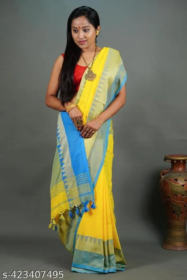 Yellow_Blue_Khadi_Cotton_Temple_Border_Handloom_Saree_For_Women