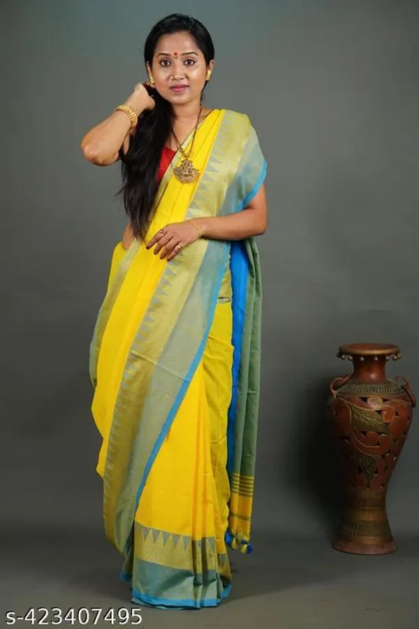 Yellow_Blue_Khadi_Cotton_Temple_Border_Handloom_Saree_For_Women