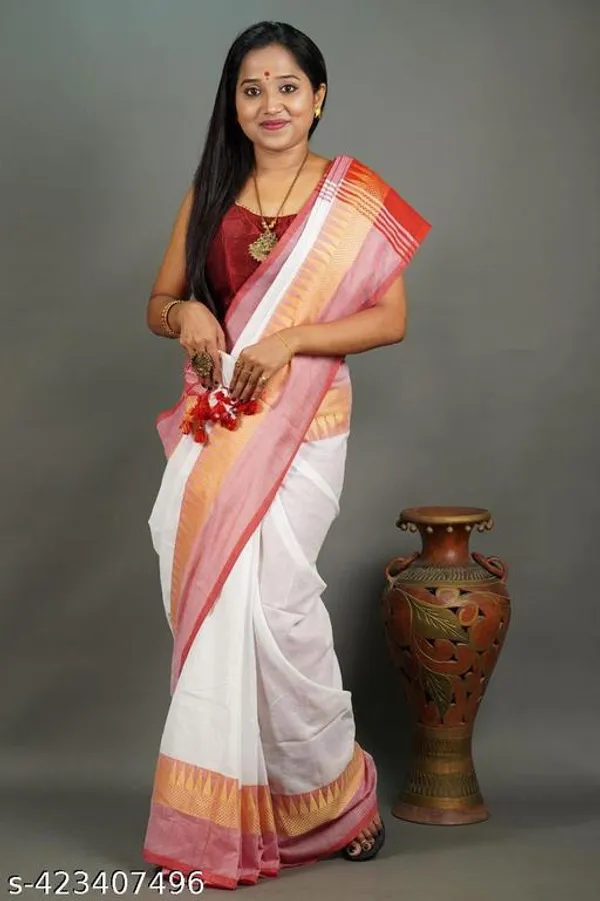 White_Red_Khadi_Cotton_Handloom_Saree_For_Women