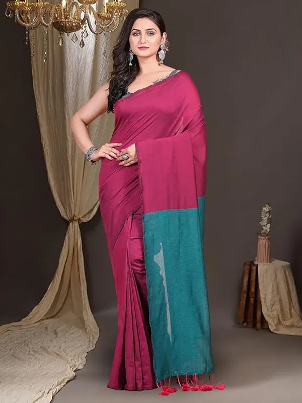 Pink_And_Teal_Silk_Blend_Saree_With_Contrast_Border