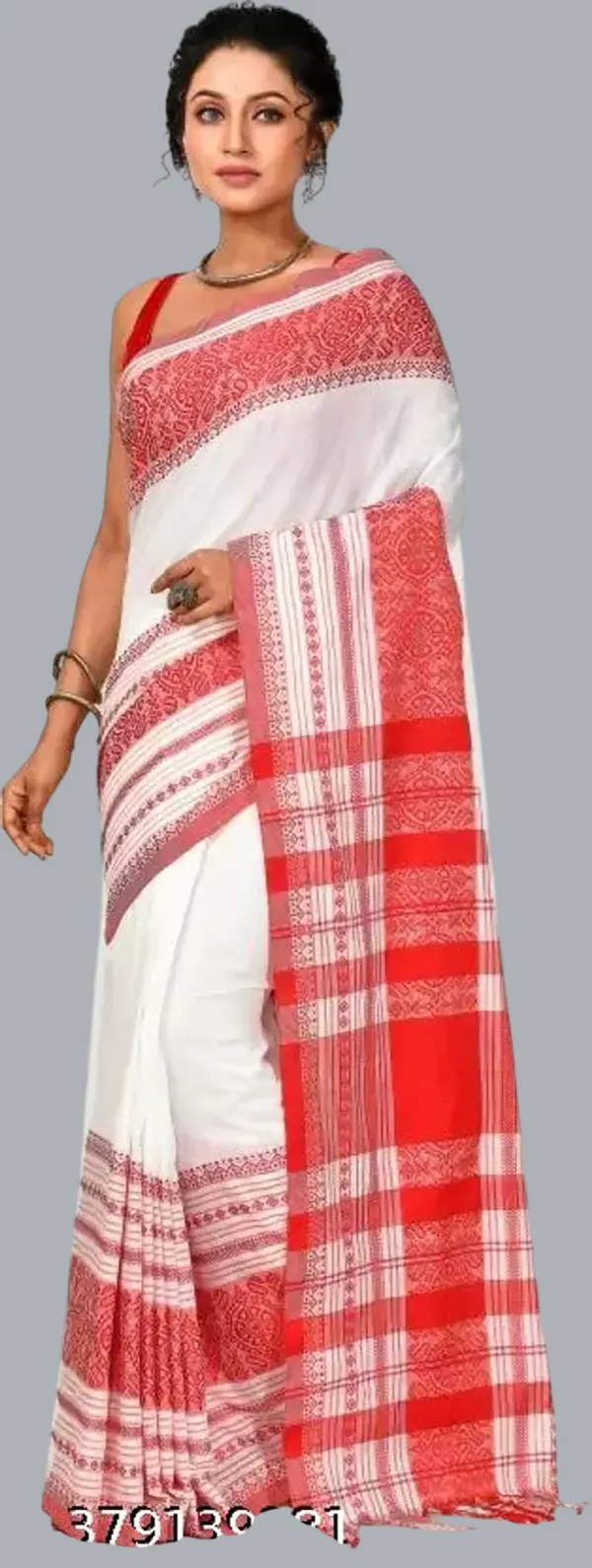 White_Red_Khadi_Cotton_Dabi_Boran_Saree_For_Women